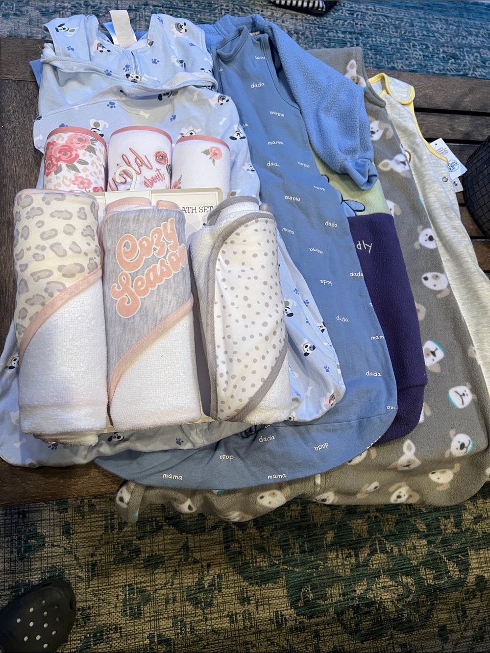 5 sleep sacks  
6-Piece Baby Bath Towel Set in Pink and Gray .